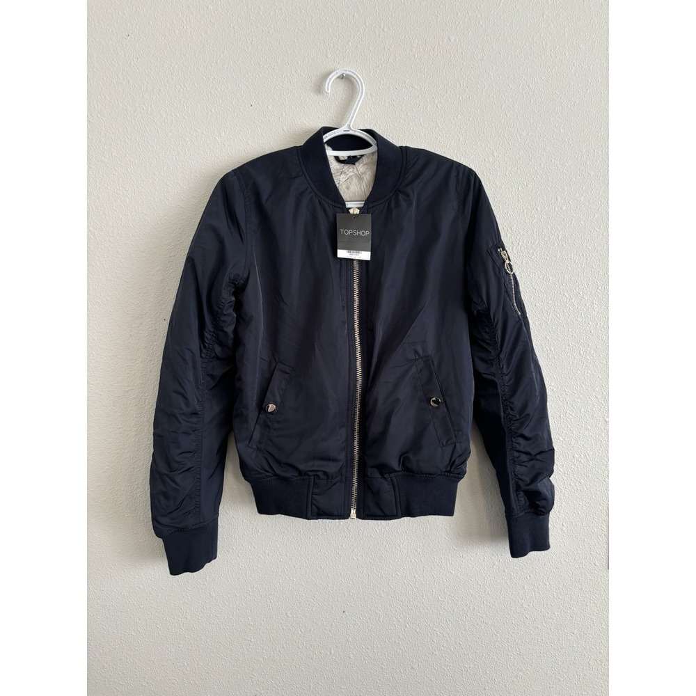 Topshop Navy Bomber Jacket with Sleeve Zip Pocket